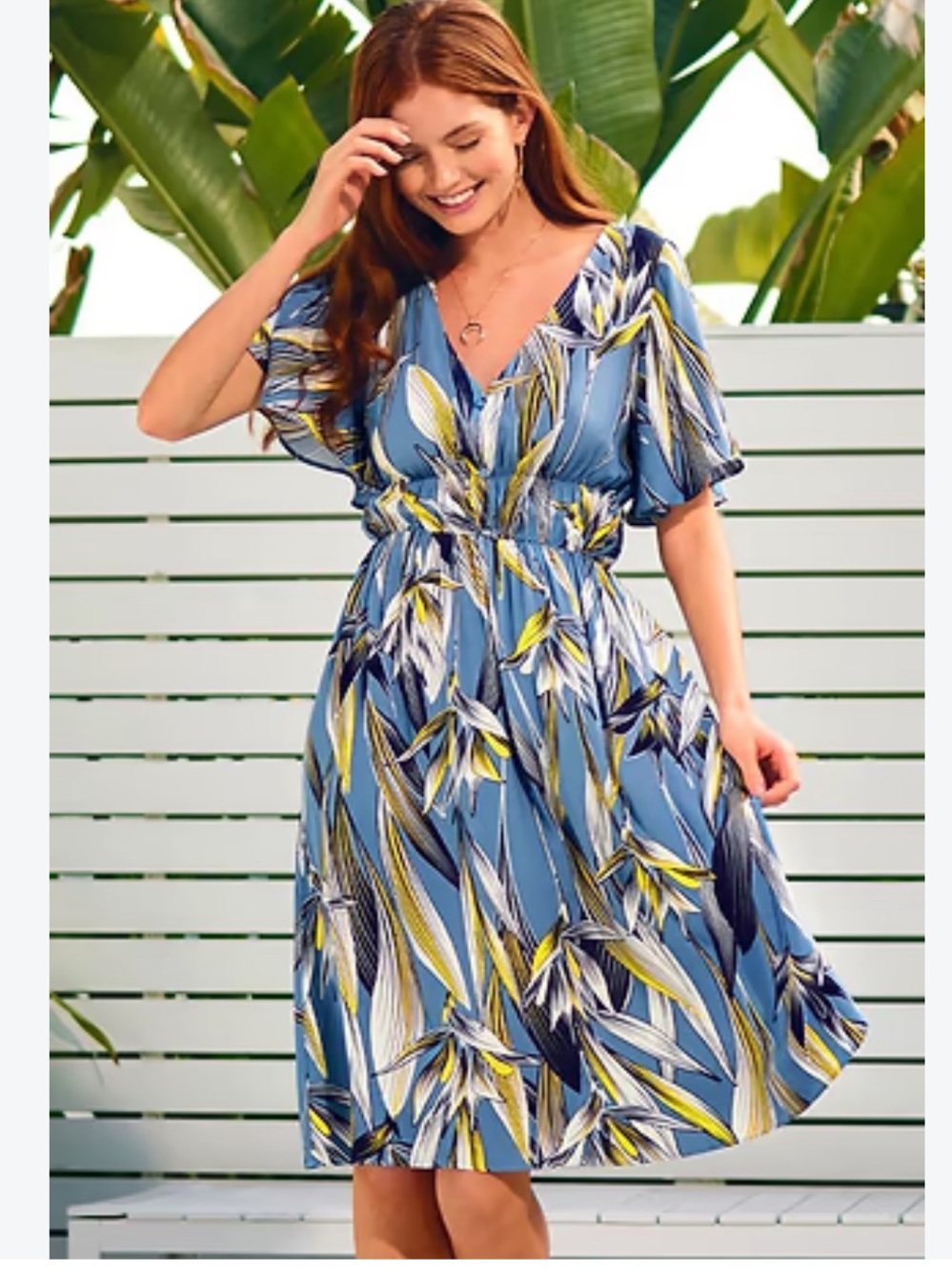 Cupshe Blue Tropical Midi Dress with Yellow Leaf Print
